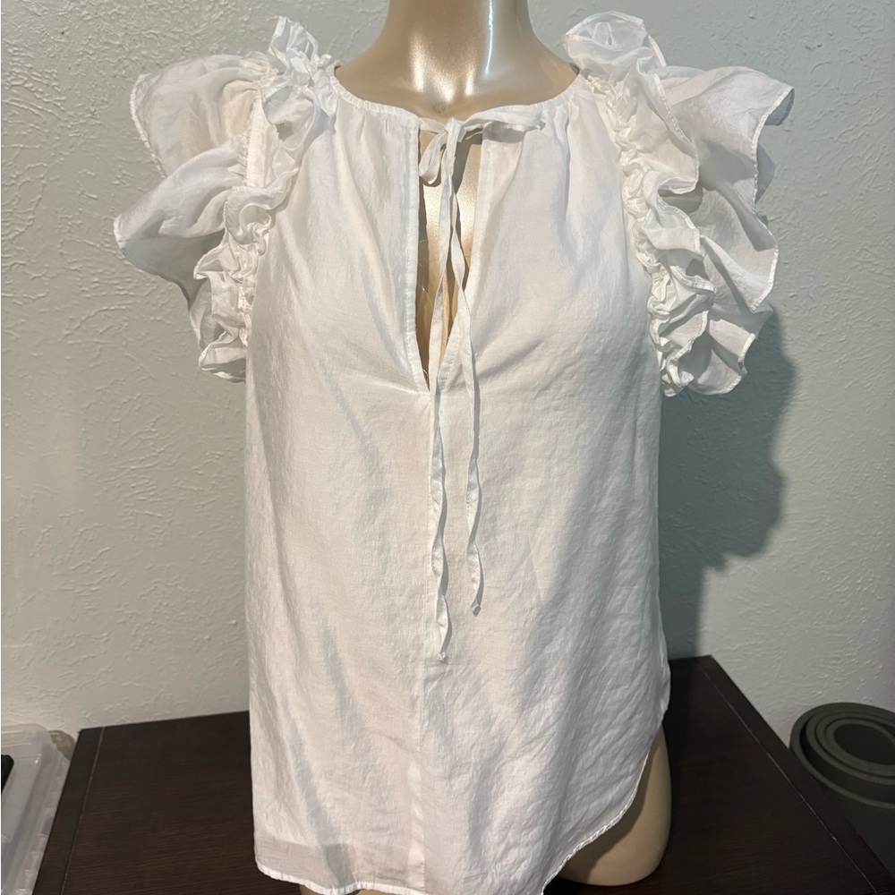 Antonio Melanie White Ruffle Sleeve Top